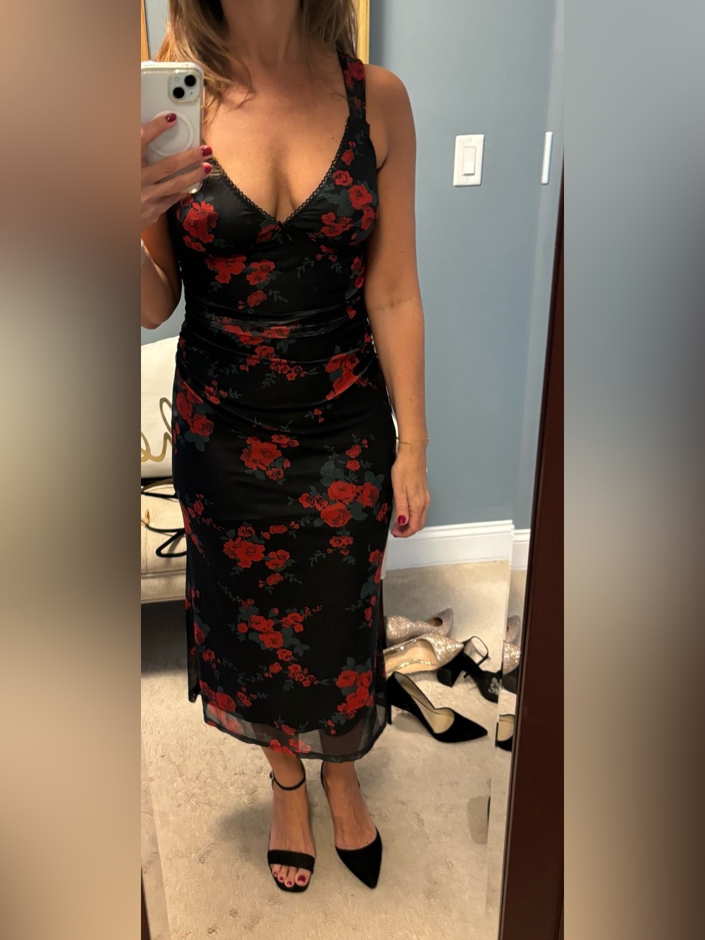 Black Midi Dress with Red Floral Print